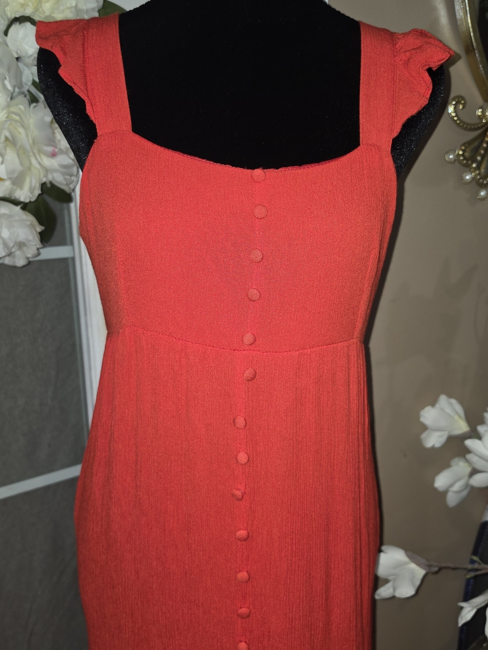 BB Dakota by Steve Madden Vibrant Red/Orange Maxi Dress with Button Front - Picture 3 of 8